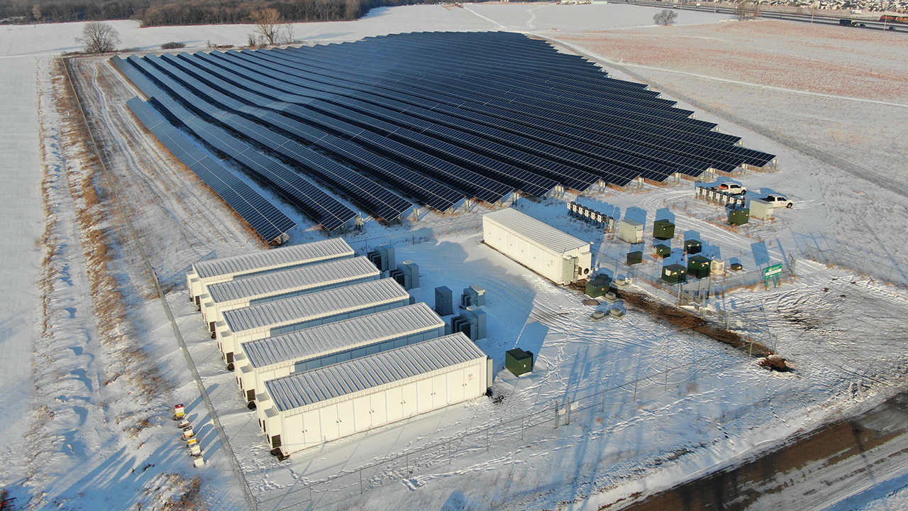 Connexus Energy's solar plus storage project in snowy Ramsey, Minnesota