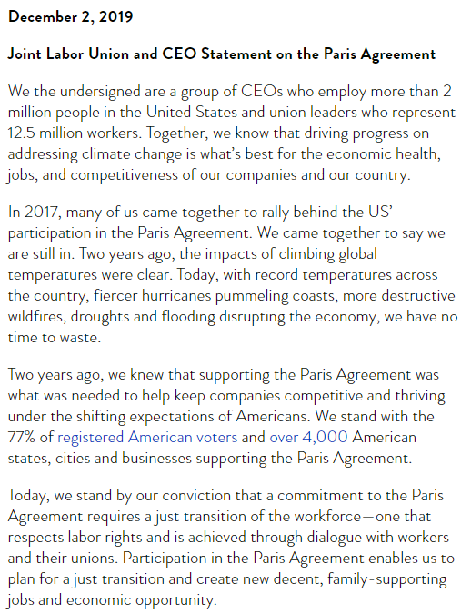 Joint Labor Union and CEO Statement on the Paris Agreement
