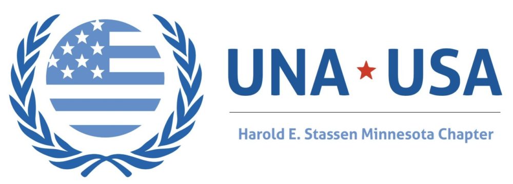 Photo shows the United Nations Association of Minnesota blue logo on a white background, with the words "Harold E. Stassen Minnesota Chapter" underneath.