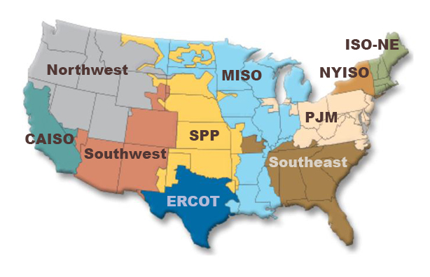 A map of the United States with different colors for 10 different electric power markets across the lower 48 states. MISO's territory is indicated with an eggshell blue color. 