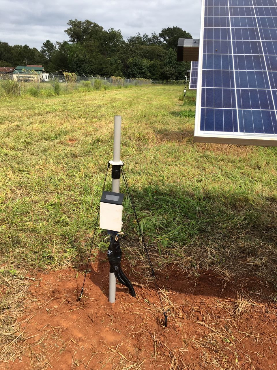A water gauge for monitoring precipitation sticks out of red clay soil with green grass and trees behind it and the edge of a solar array peeking through on its right side.
