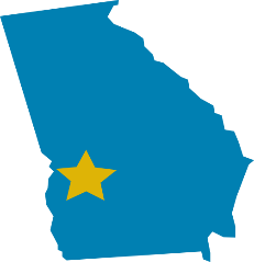 A solid blue icon of the state of Georgia is punctured with a gold star on the lower left side to show where in the state the city of Plains is located.