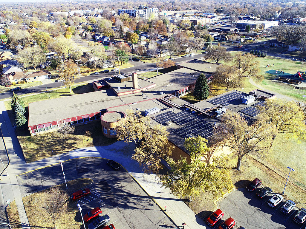 aerial view of Richfield Sheridan Public School with view of rooftop solar installation
