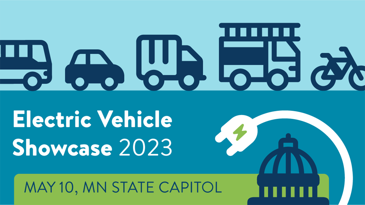 Text: Electric Vehicle Showcase 2023. Several types of vehicle clip art including a bus, car, industrial vehicle, and bike.
