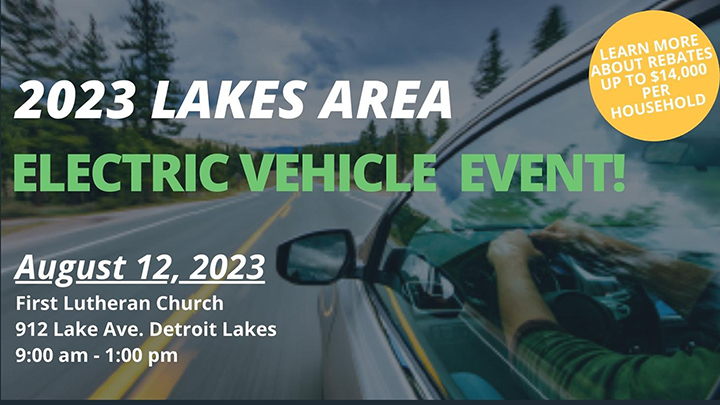 Text: 2023 Lakes Area Electric Vehicle Event. August 12, 2023. First Lutheran Church. 912 Lake Ave, Detroit Lakes. 9 am to 1 pm