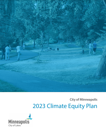 Cover of Minneapolis Climate Equity Plan. Photo of people enjoying a park. 