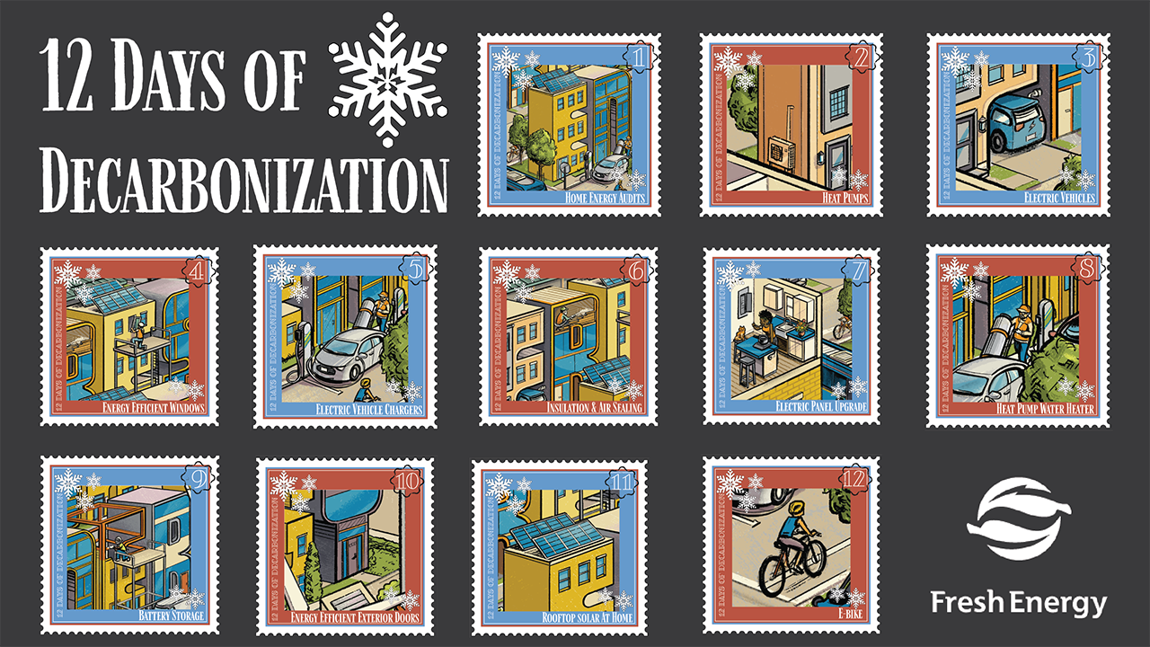 Text: Twelve Days of Decarbonization. Snowflake. 12 stamps with illustrations of various decarb items.