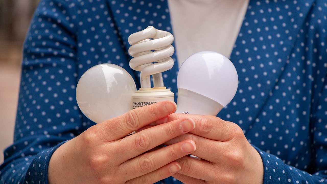 closeup of hands holding three energy efficient lightbulbs