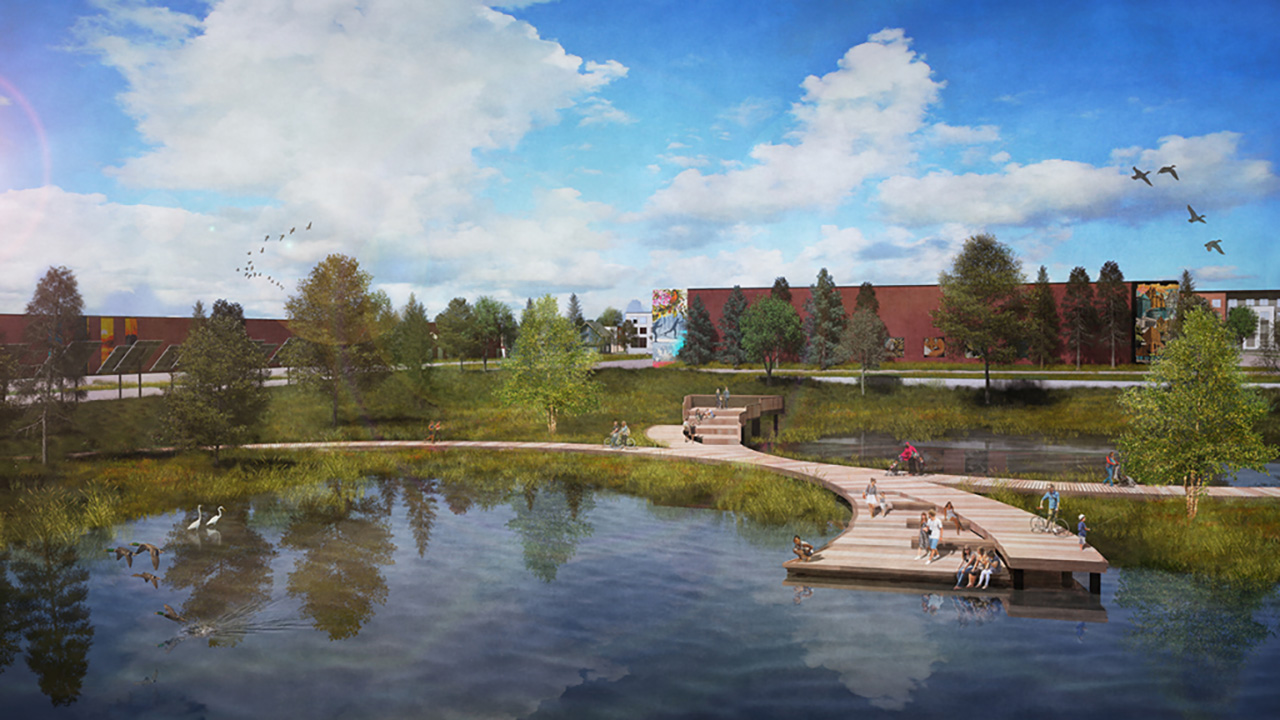 A rendering of The Heights project, which is the first program to get funding through MNCIFA. Illustration of families enjoying the scenic lake while walking on a path. 