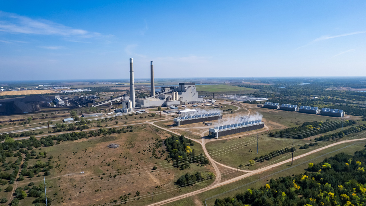 aerial view of Sherco Coal Plant surrounded by fields on sunny day