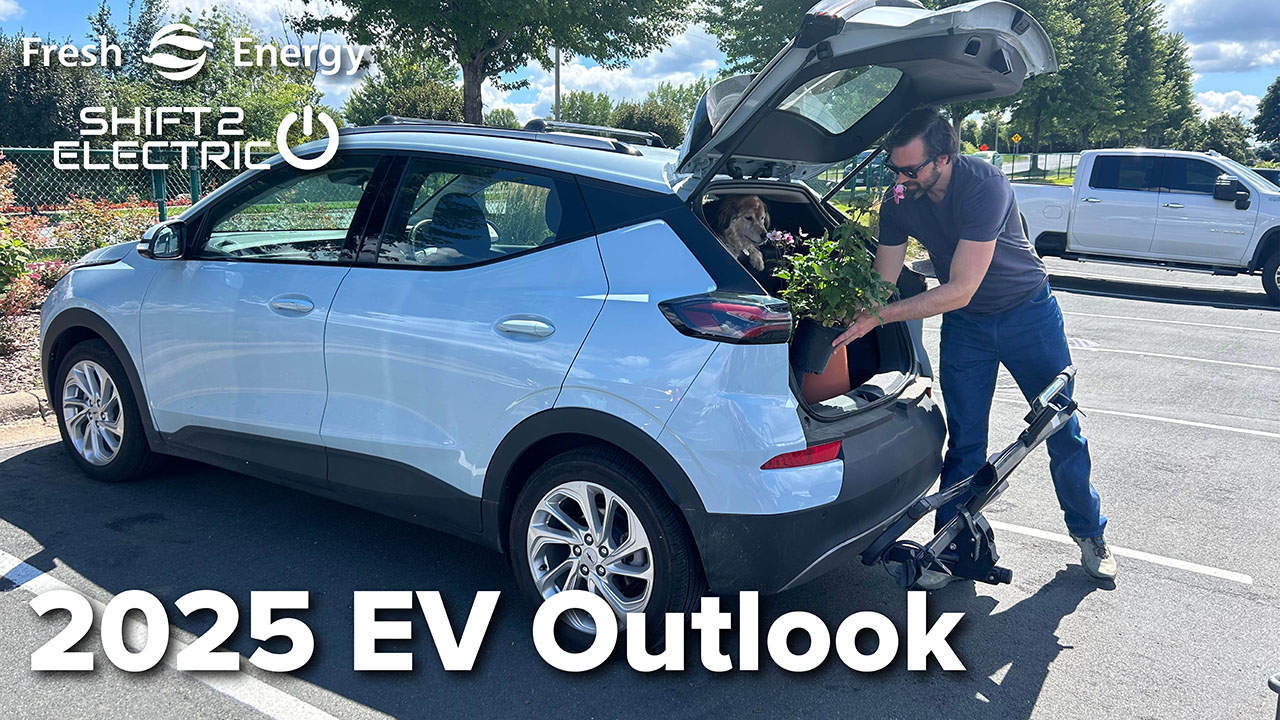 Man loading potted plant into trunk of an electric vehicle. Text: 2025 EV Outlook