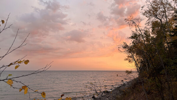 A pink sky over Lake Superior from Minnesota's North Shore.