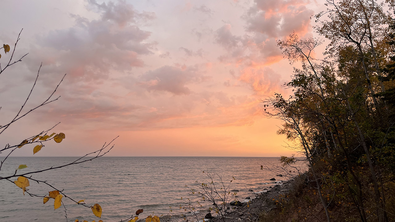 A pink sky over Lake Superior from Minnesota's North Shore.