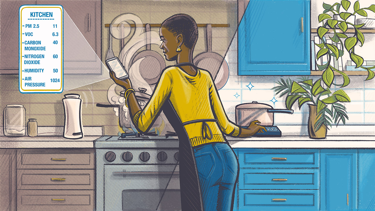 Illustration of women standing over stove checking her air quality monitor.
